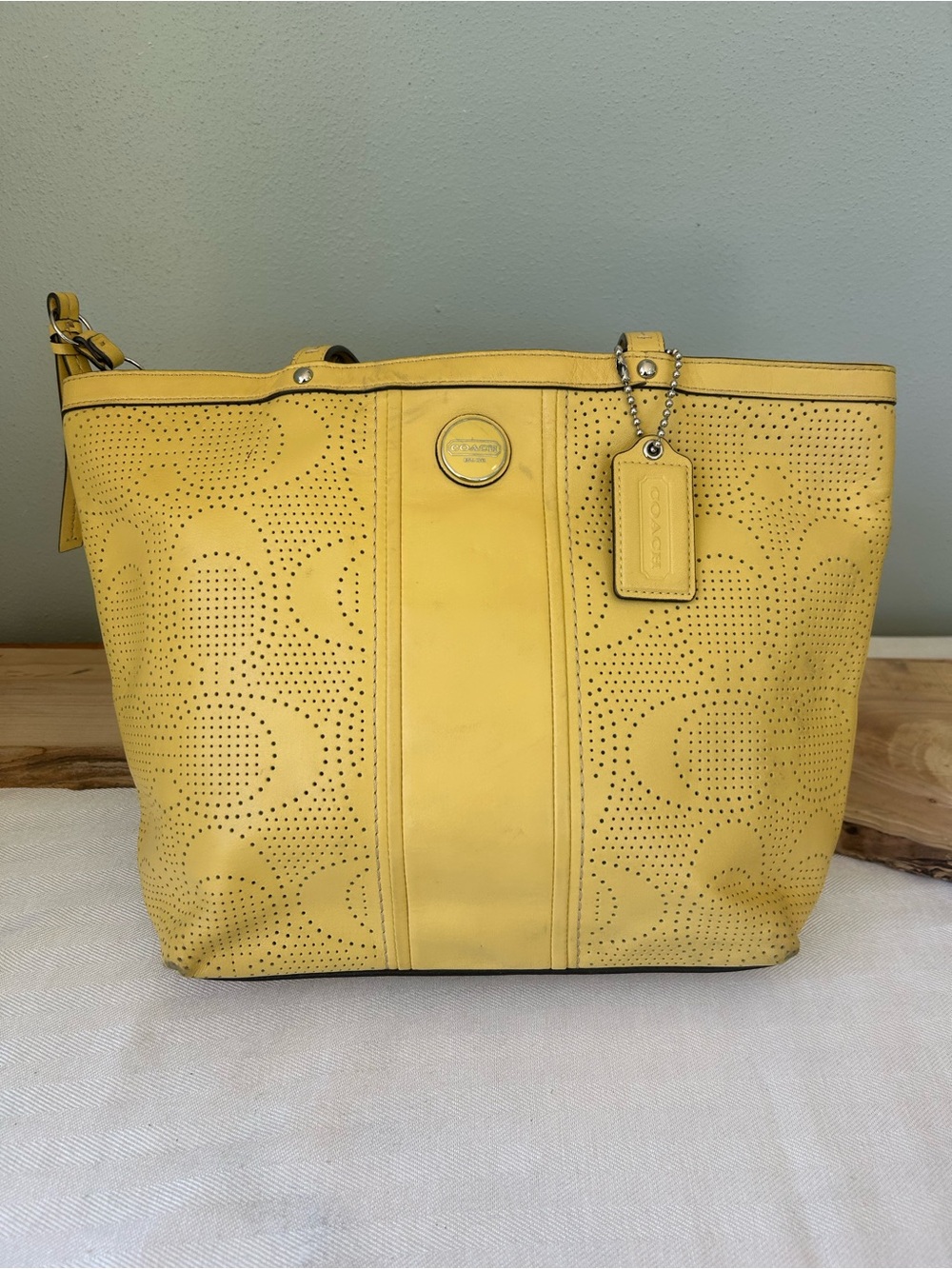 Coach Yellow Perforated Leather Tote with Logo Tag